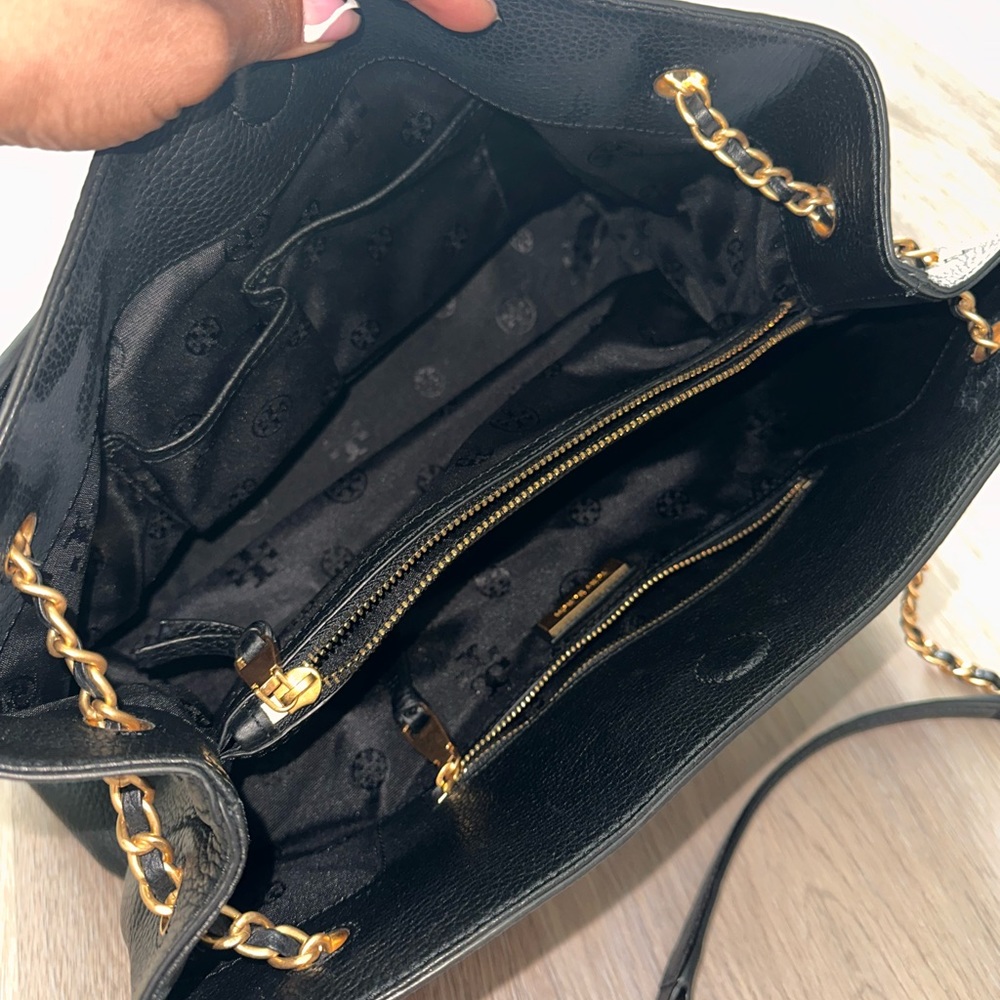 Tory Burch Black Leather Tote with Gold Chain Detail - Picture 6 of 7